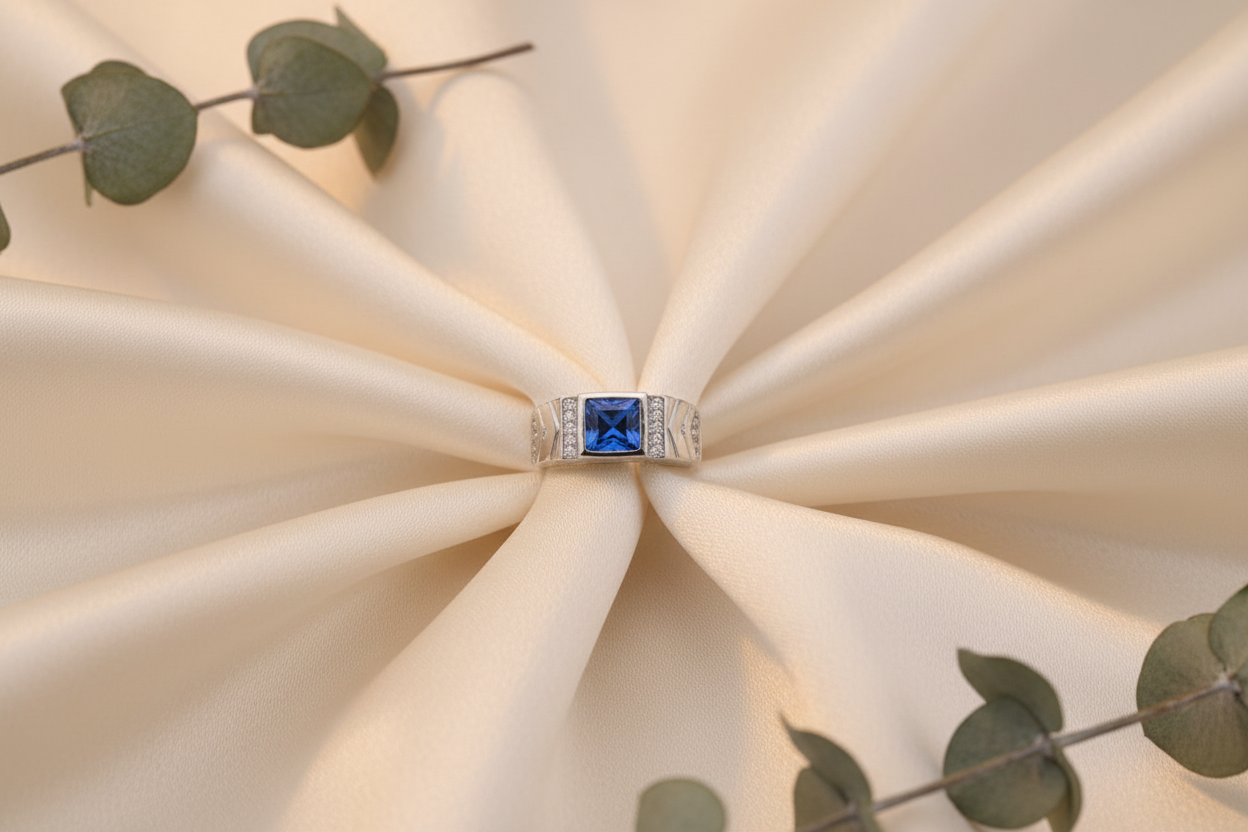 Sterling Silver Ring with Blue Gemstone and Chevron Design