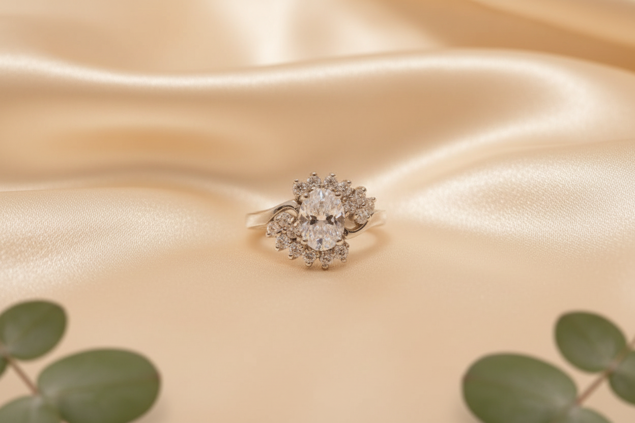 Oval center CZ with Small round CZ 925 Silver Ring