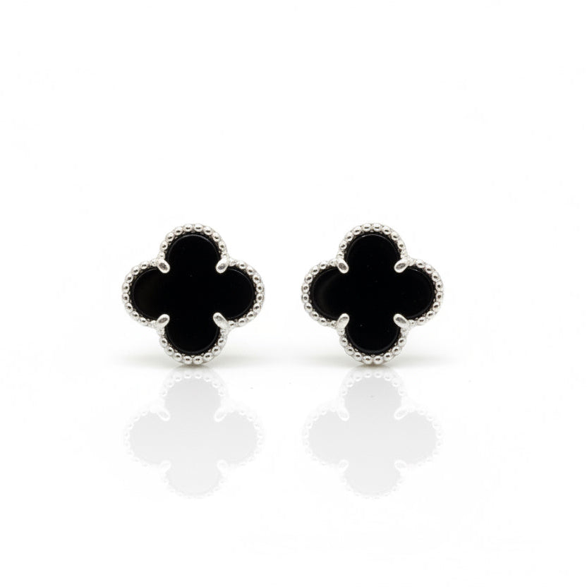 Sterling Silver Clover Stud Earrings with Black Onyx