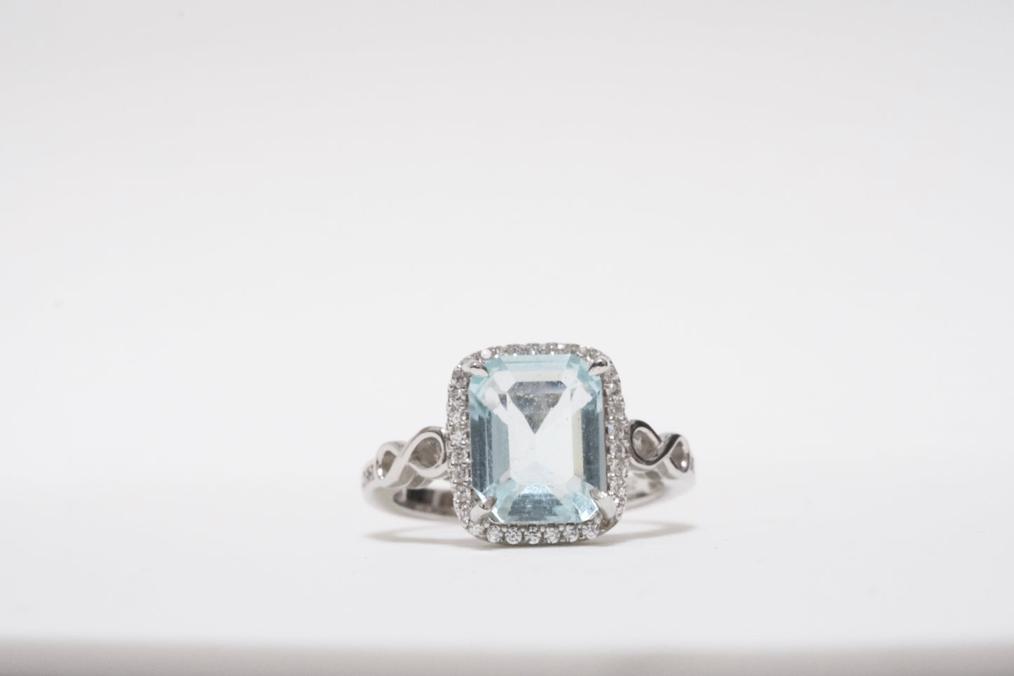 Synthetic Rectangle Aquamarine with Small Round CZ, 925 Silver Ring