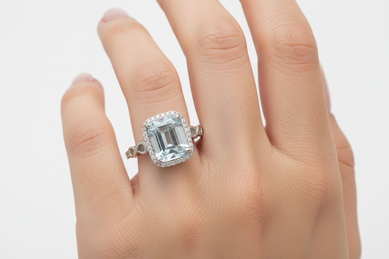 Synthetic Rectangle Aquamarine with Small Round CZ, 925 Silver Ring