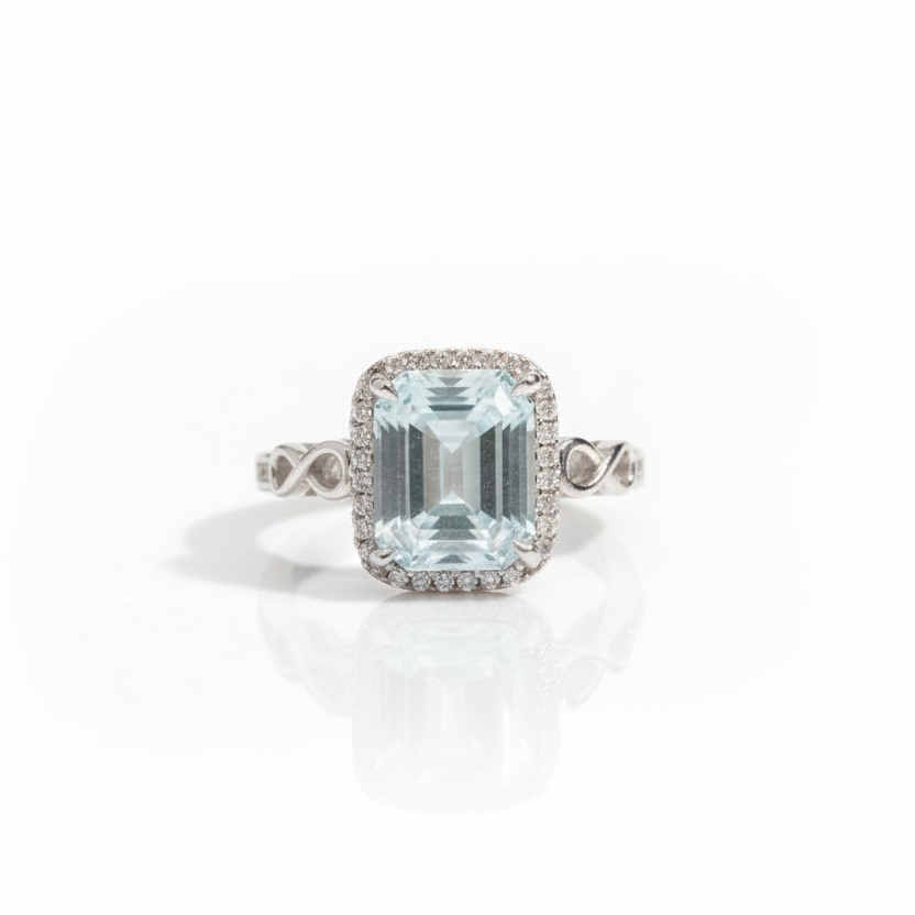 Synthetic Rectangle Aquamarine with Small Round CZ, 925 Silver Ring