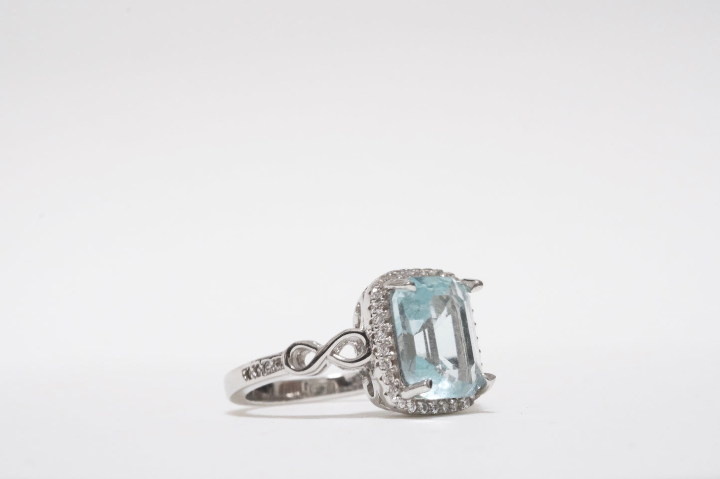 Synthetic Rectangle Aquamarine with Small Round CZ, 925 Silver Ring