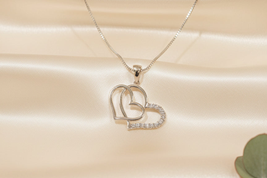 925 Sterling Silver Double Heart Pendant Necklace