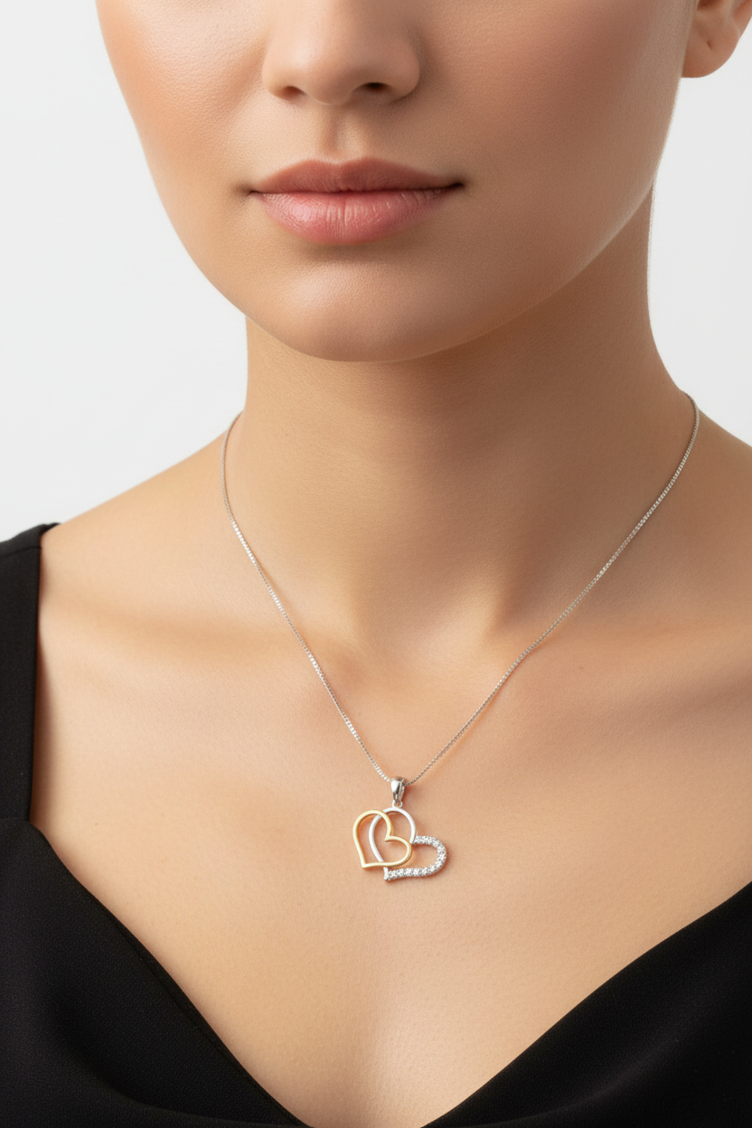 925 Sterling Silver Double Heart Pendant Necklace