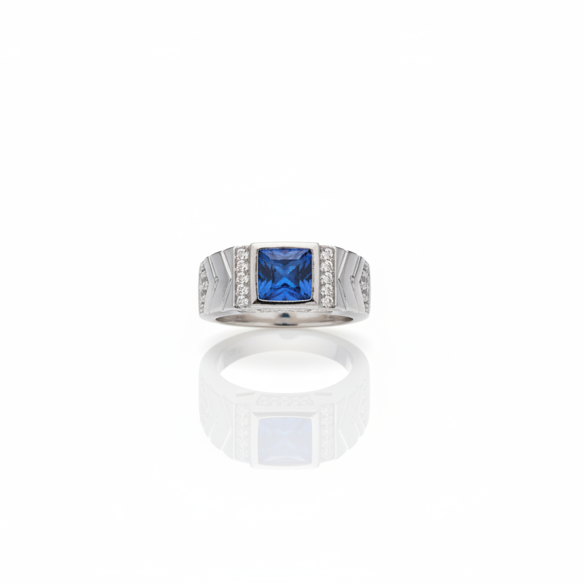 Sterling Silver Ring with Blue Gemstone and Chevron Design