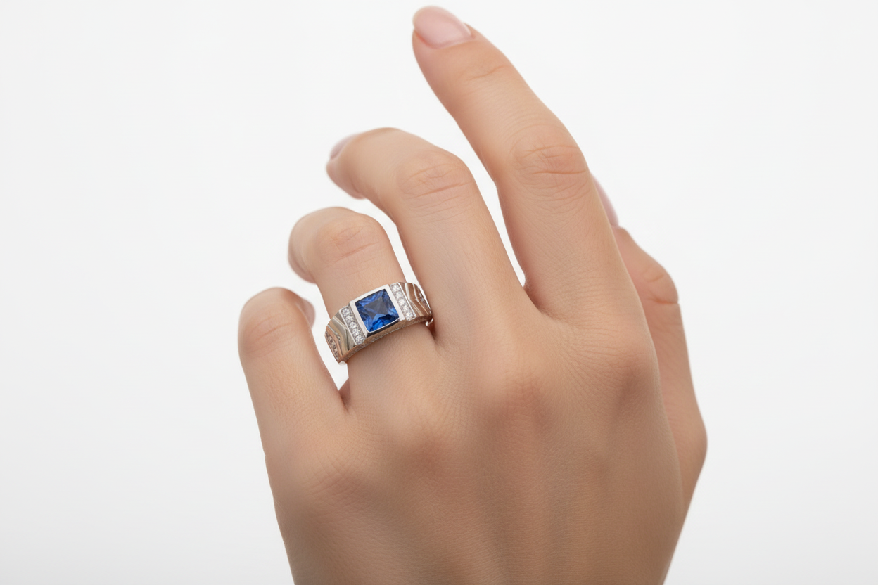 Sterling Silver Ring with Blue Gemstone and Chevron Design