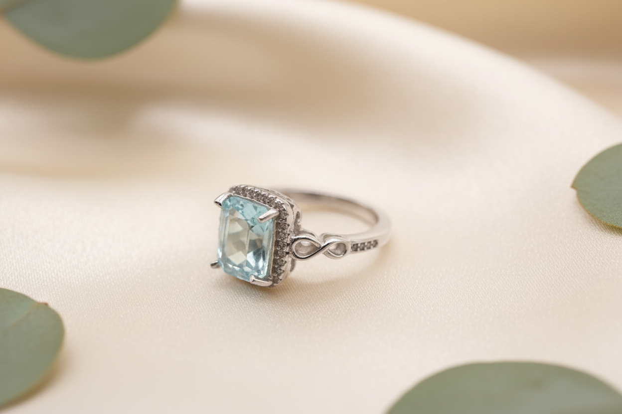Synthetic Rectangle Aquamarine with Small Round CZ, 925 Silver Ring