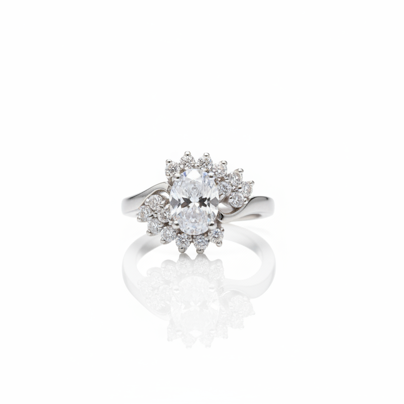Oval center CZ with Small round CZ 925 Silver Ring