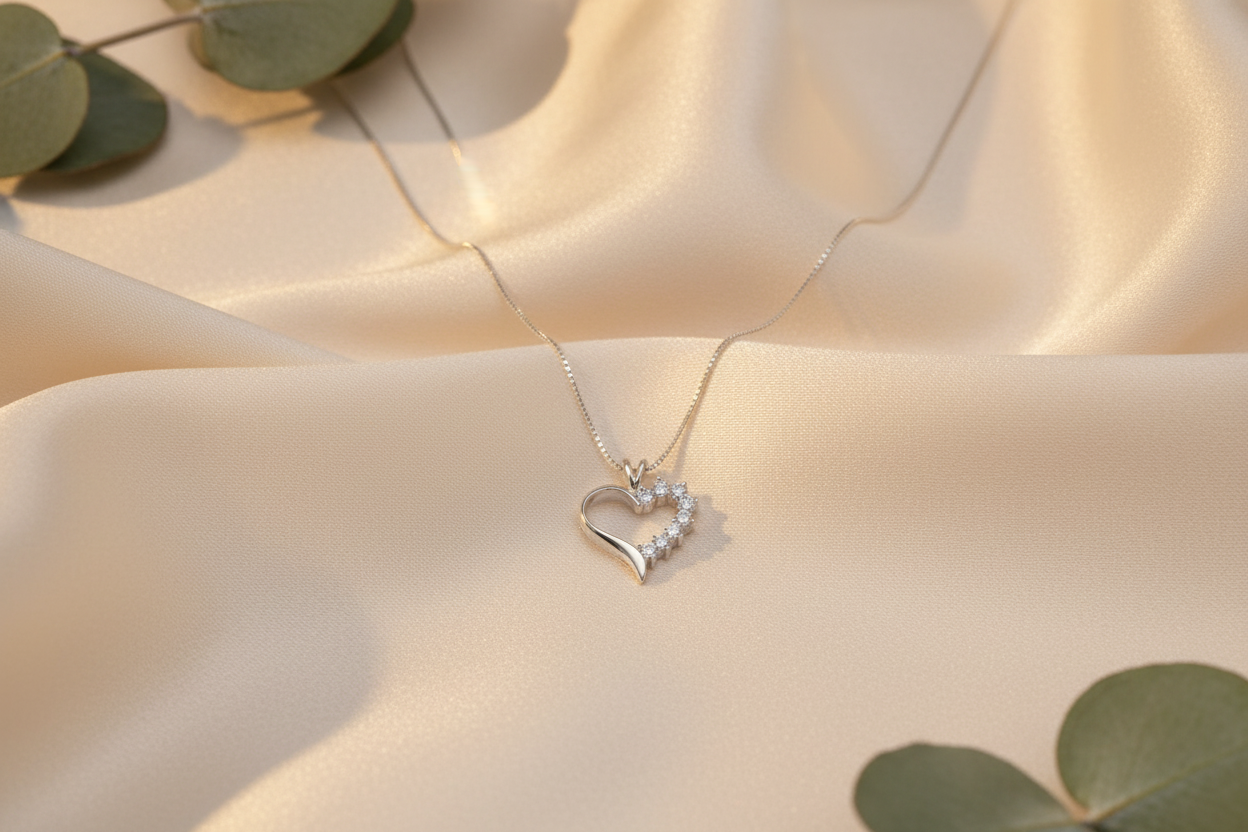 Sterling Silver Heart Necklace with Crystals