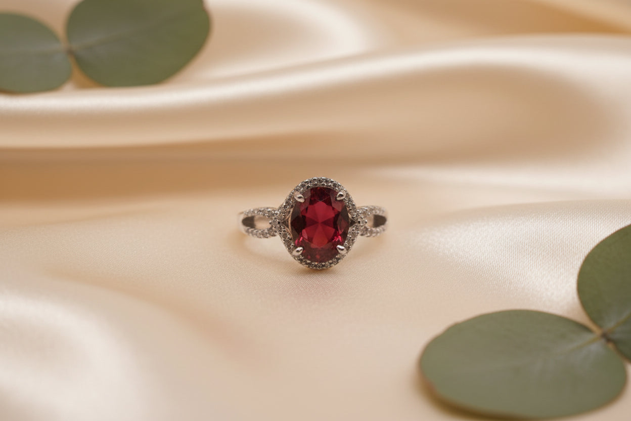 Sterling Silver Ring with Red Gemstone