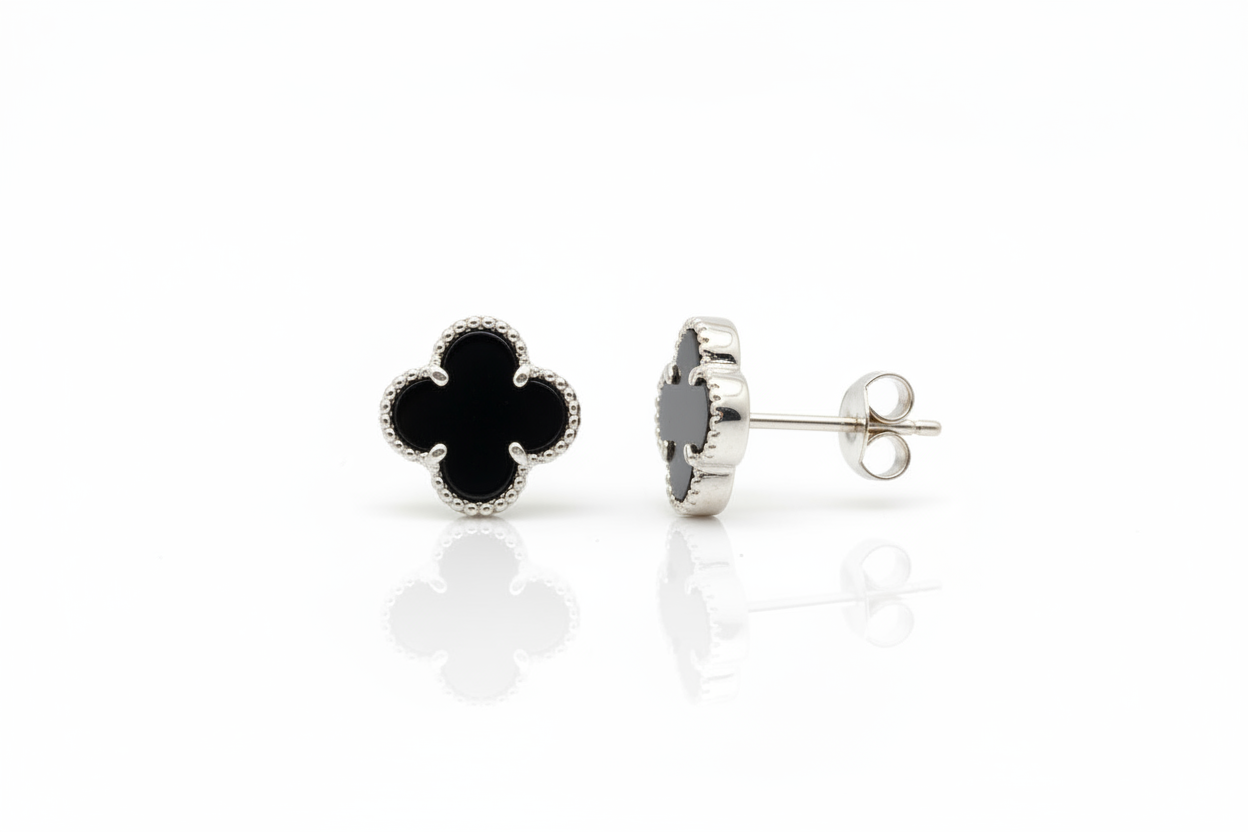 Sterling Silver Clover Stud Earrings with Black Onyx