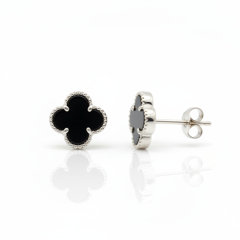 Sterling Silver Clover Stud Earrings with Black Onyx